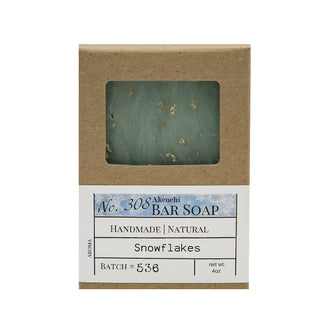 snowflake handmade soap bar has a lavender and peppermint scent